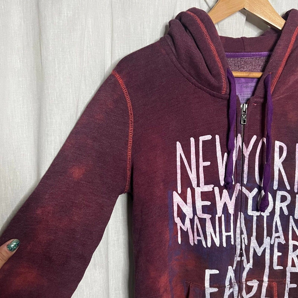 Tie Dyed Upcycled AEO New York Manhattan Purple Long Sleeve Full Zip Hoodie Sz M - Picture 5 of 12